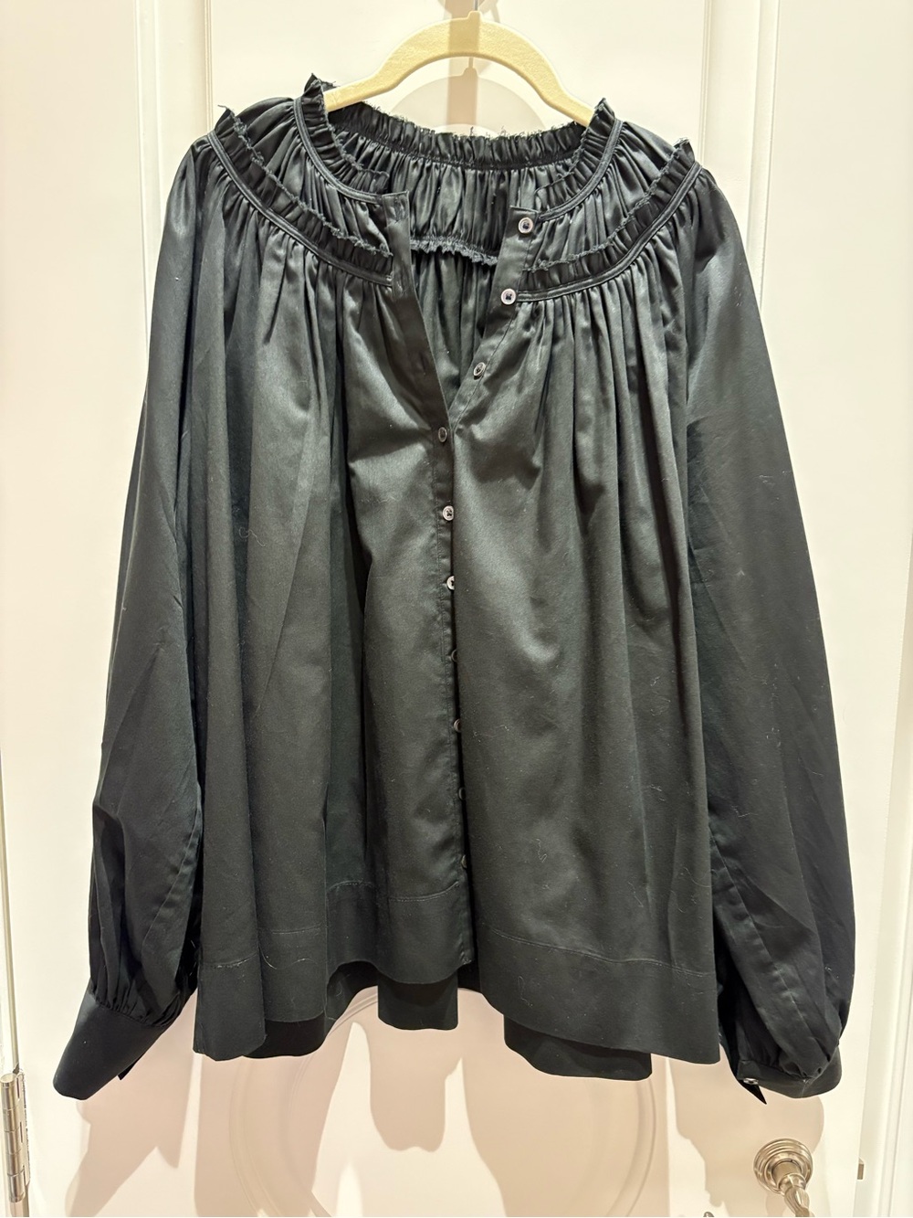 CO Black Smocked Yoke Button-Front Blouse
